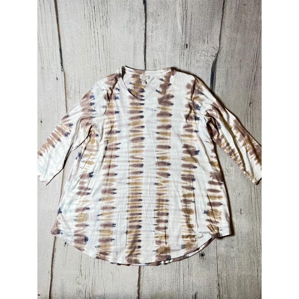 LOGO Lori Goldstein Tie Dye Tunic Top Womens 1X Brown Boho Relaxed 3/4 Sleeve